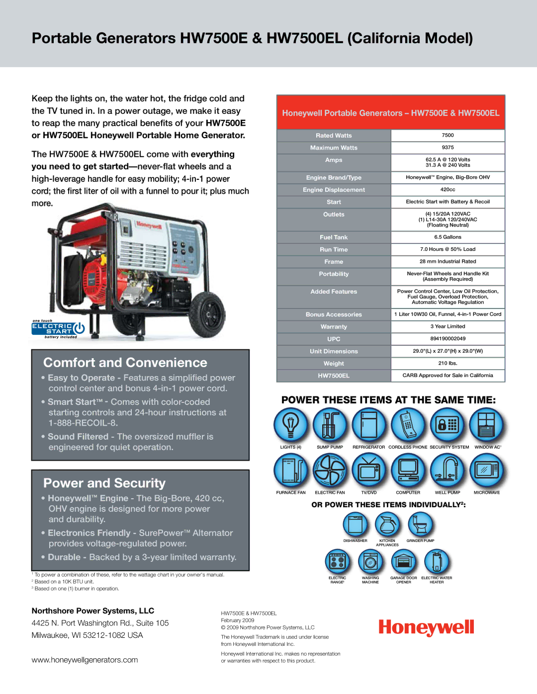 Honeywell HW7500EL warranty Comfort and Convenience, Power and Security 