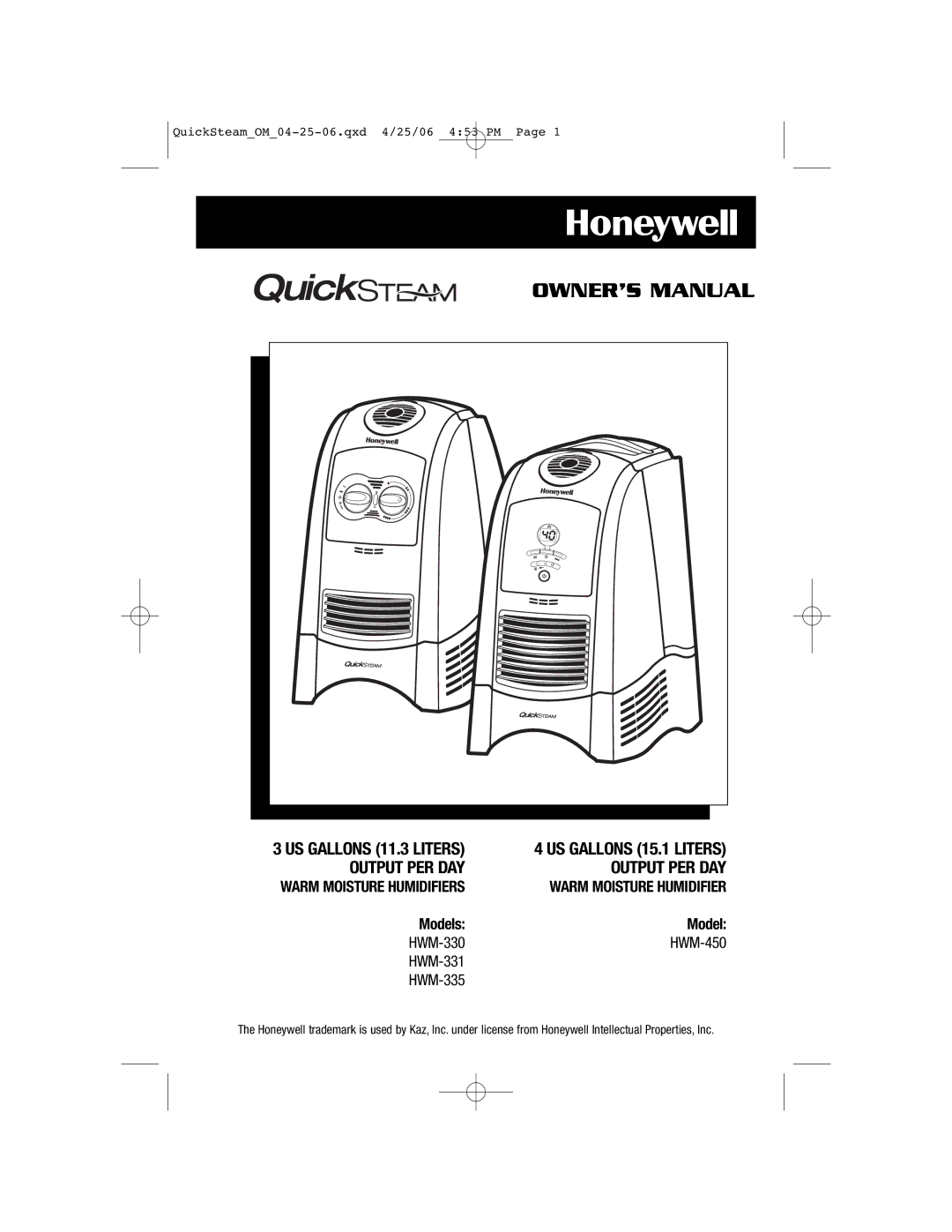 Honeywell HWM-335, HWM-450, HWM-330, HWM-331 owner manual Models, US Gallons 11.3 Liters US Gallons 15.1 Liters 