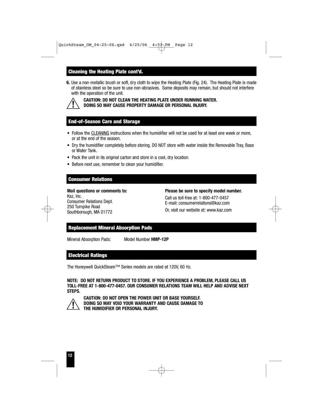 Honeywell HWM-450, HWM-335, HWM-330 Cleaning the Heating Plate cont’d, End-of-Season Care and Storage, Consumer Relations 