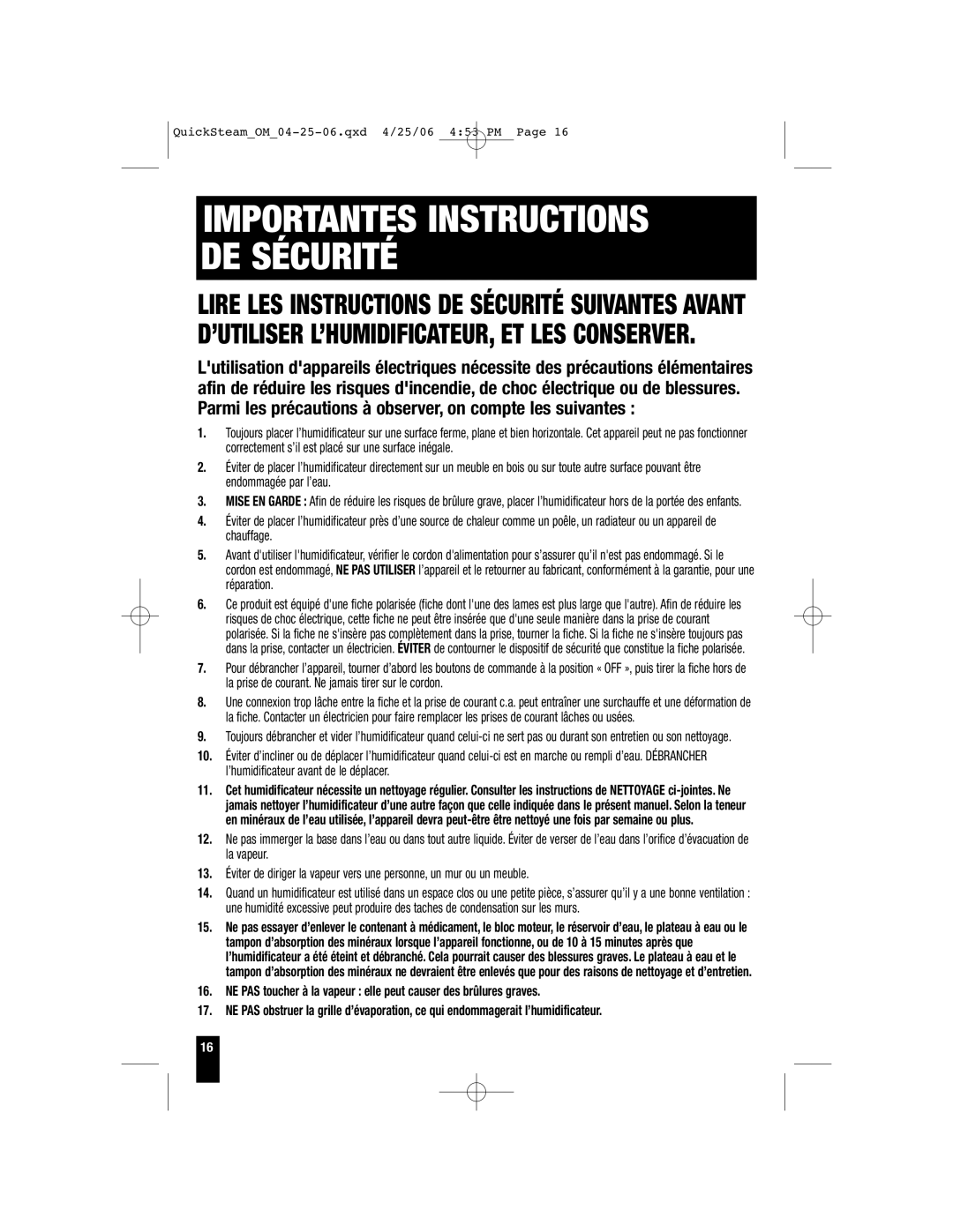 Honeywell HWM-450, HWM-335, HWM-330, HWM-331 owner manual Importantes Instructions DE Sécurité 