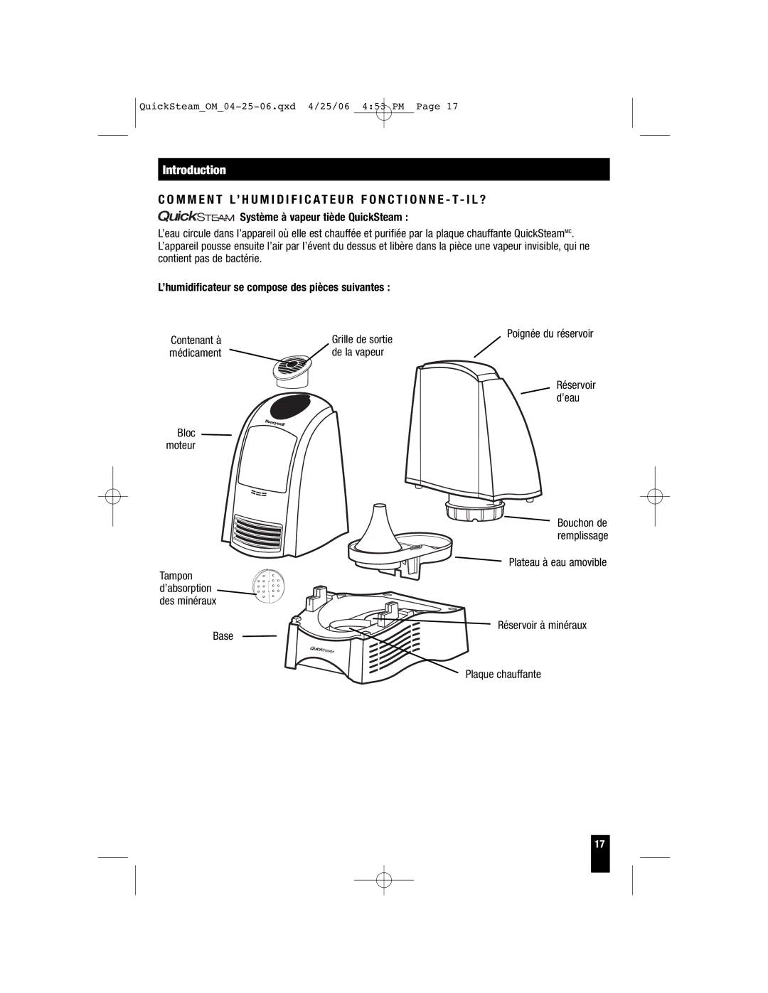 Honeywell HWM-335, HWM-450, HWM-330 Système à vapeur tiède QuickSteam, ’humidificateur se compose des pièces suivantes 