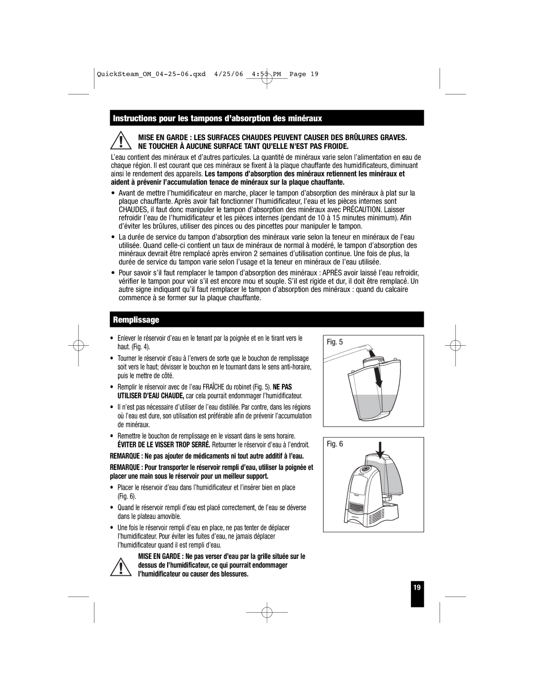 Honeywell HWM-331, HWM-450, HWM-335, HWM-330 owner manual Instructions pour les tampons d’absorption des minéraux, Remplissage 