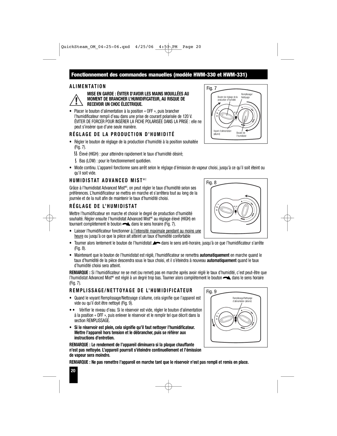 Honeywell HWM-450 M I D I S TAT a D V a N C E D M I S T M CFig, G L a G E D E L a P R O D U C T I O N D ’ H U M I D I T É 