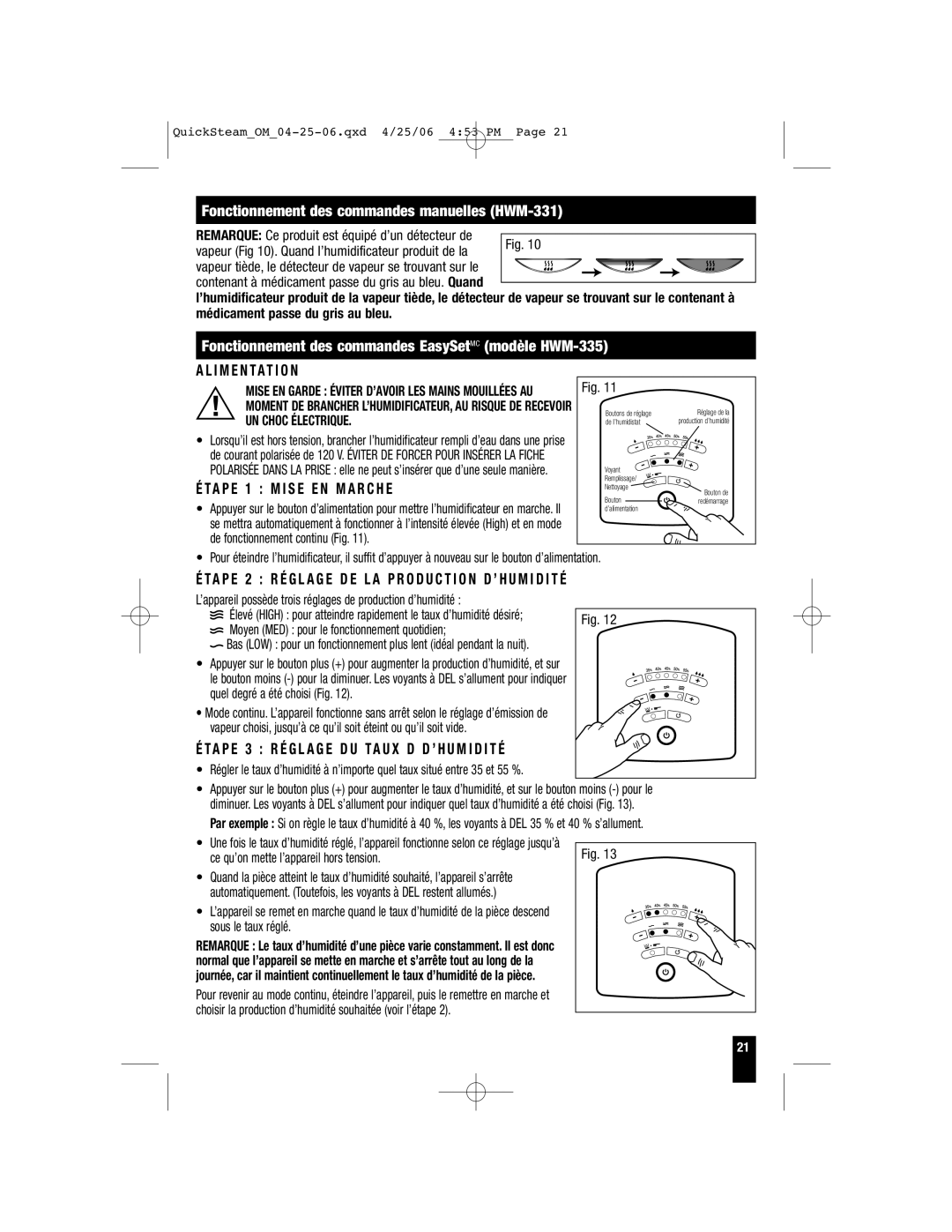 Honeywell Fonctionnement des commandes manuelles HWM-331, Fonctionnement des commandes EasySetMC modèle HWM-335 