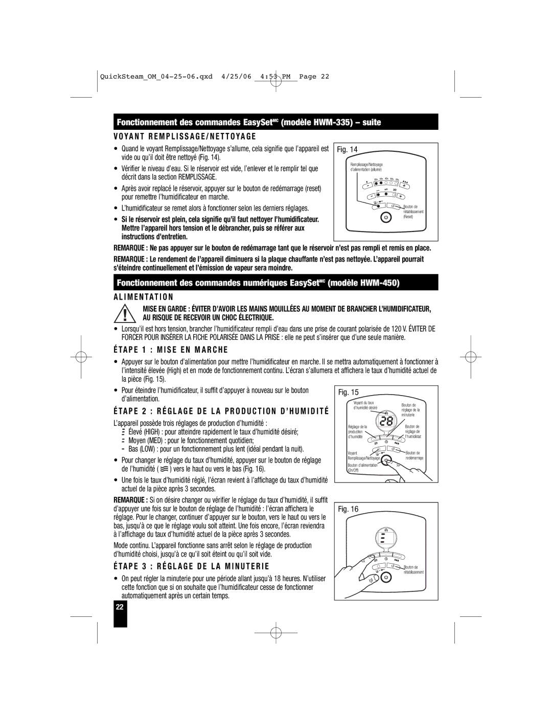 Honeywell HWM-330, HWM-450, HWM-331 owner manual Fonctionnement des commandes EasySetMC modèle HWM-335 suite 