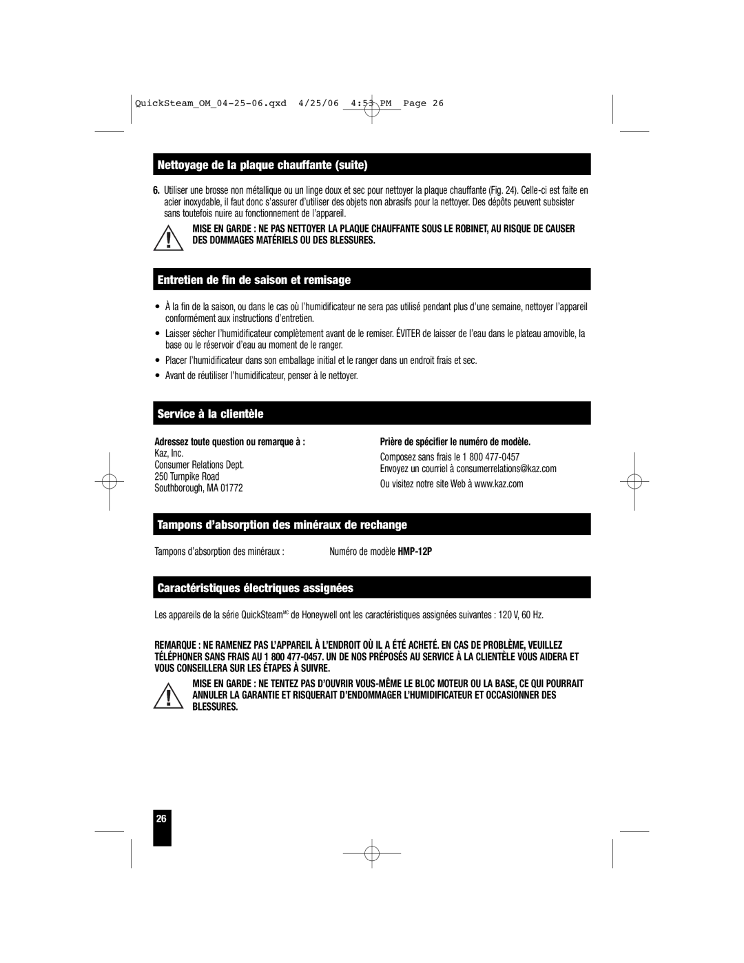 Honeywell HWM-330 Nettoyage de la plaque chauffante suite, Entretien de fin de saison et remisage, Service à la clientèle 