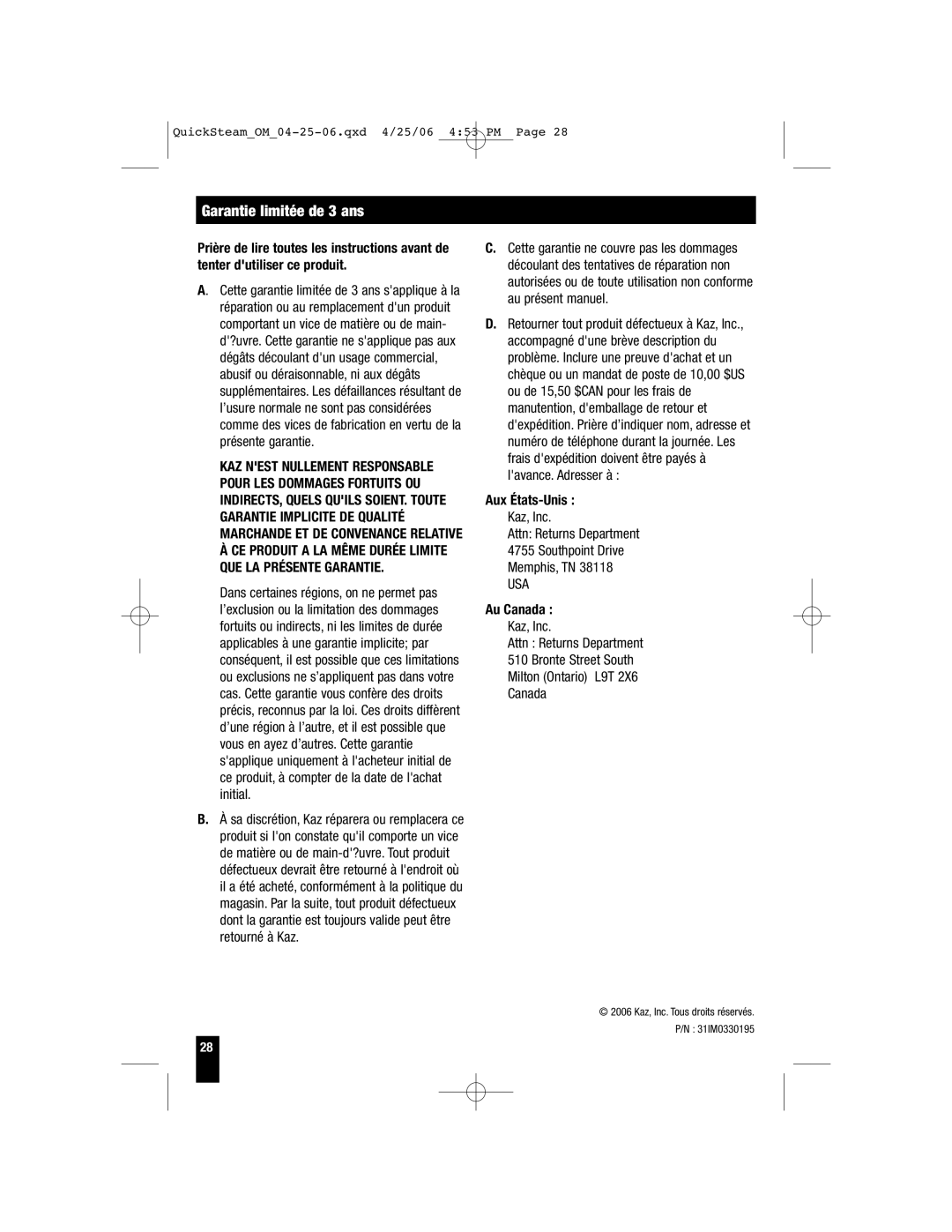 Honeywell HWM-450, HWM-335, HWM-330, HWM-331 owner manual Garantie limitée de 3 ans, Aux États-Unis, Au Canada 