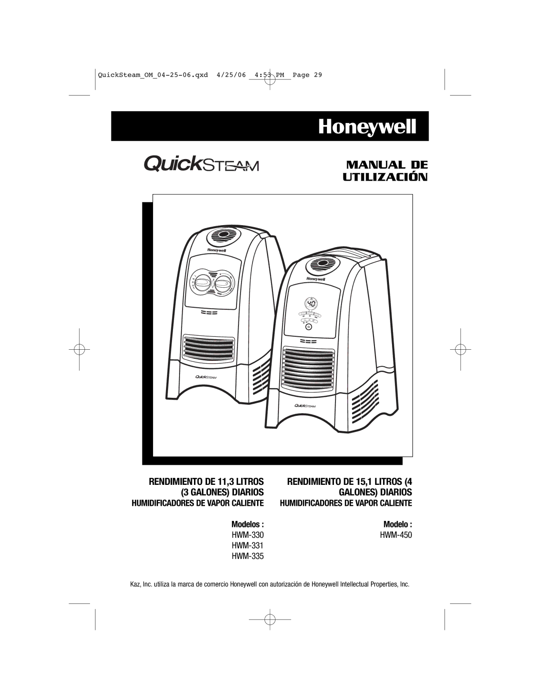 Honeywell HWM-335, HWM-450, HWM-330, HWM-331 owner manual Modelos, Rendimiento DE 15,1 Litros 