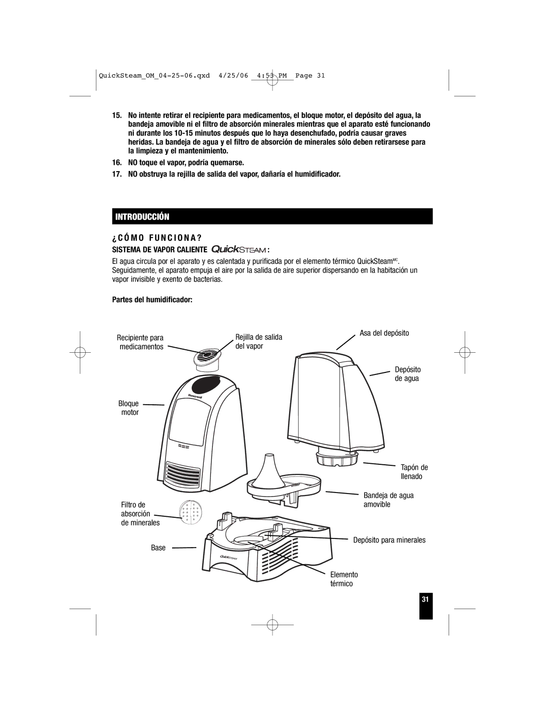 Honeywell HWM-331, HWM-450, HWM-335 ¿ C Ó M O F U N C I O N a ?, Sistema DE Vapor Caliente, Partes del humidificador 