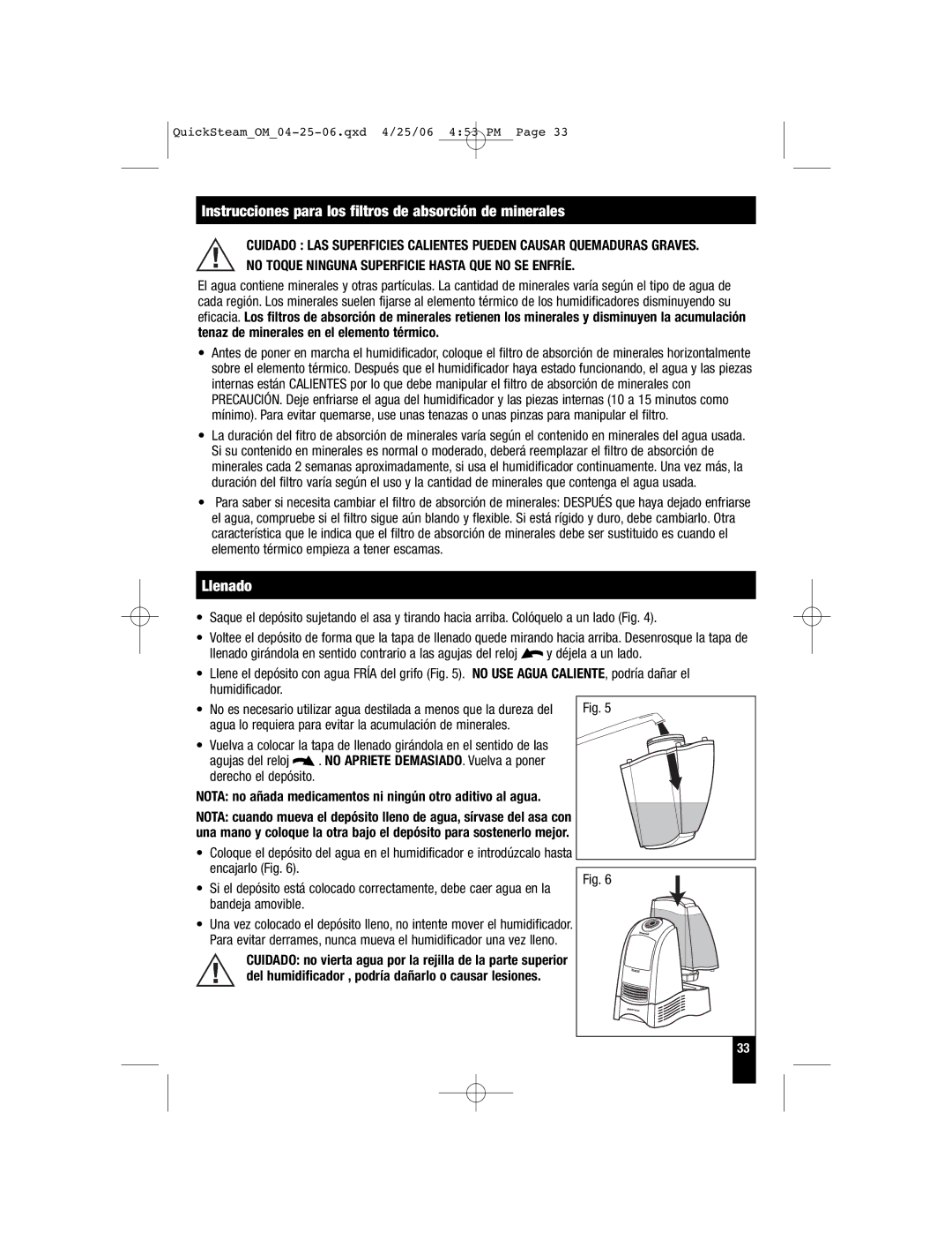 Honeywell HWM-335, HWM-450, HWM-330 Instrucciones para los filtros de absorción de minerales, Llenado, Agujas del reloj 