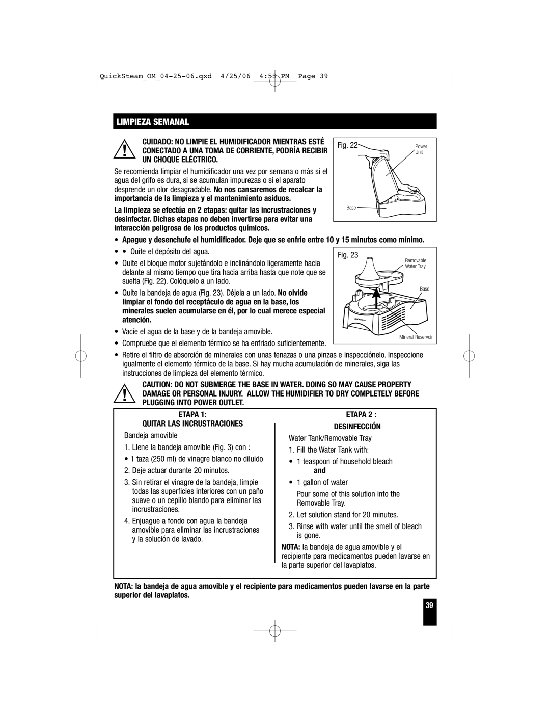 Honeywell HWM-331, HWM-450 Quite el depósito del agua, Etapa Quitar LAS Incrustraciones, Deje actuar durante 20 minutos 