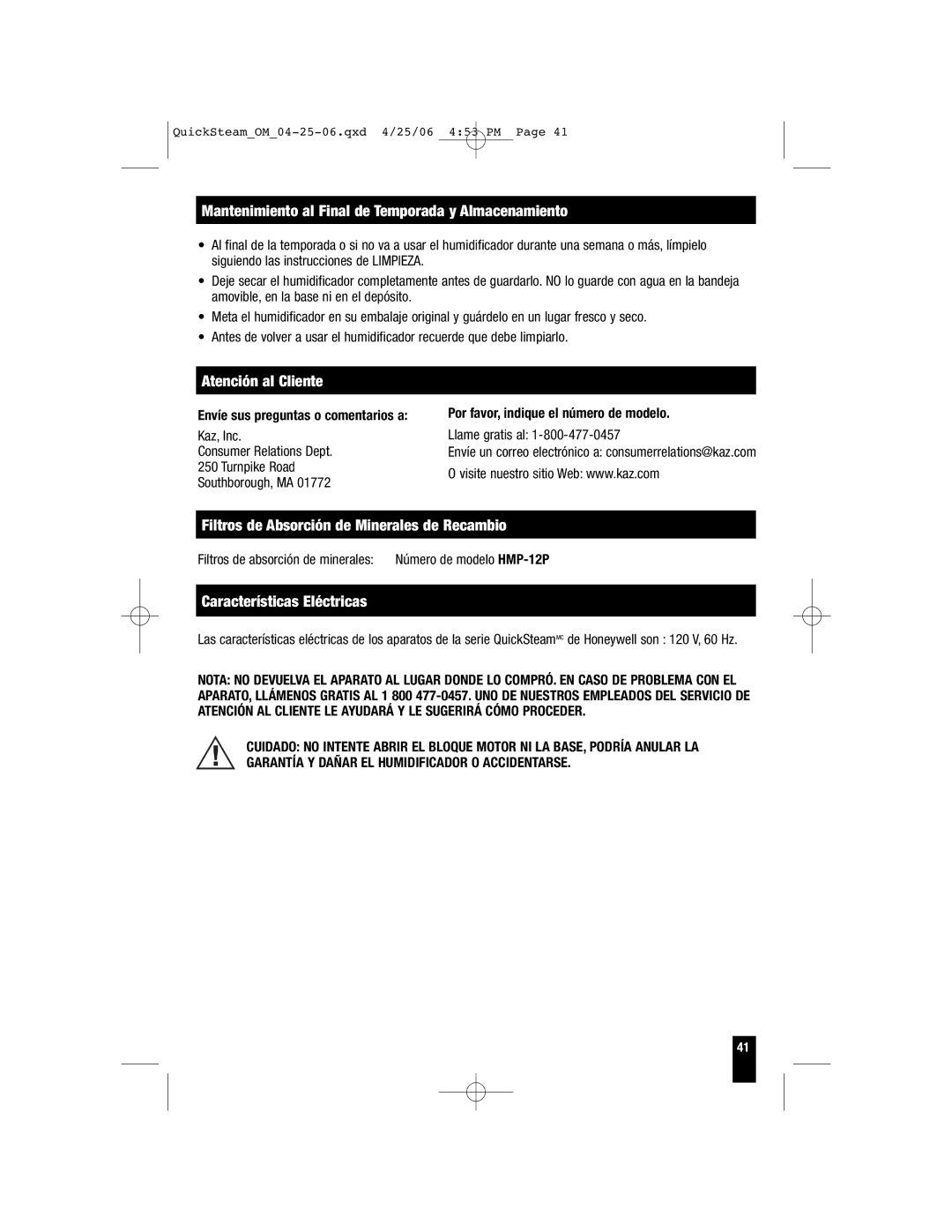 Honeywell HWM-335 Mantenimiento al Final de Temporada y Almacenamiento, Atención al Cliente, Características Eléctricas 