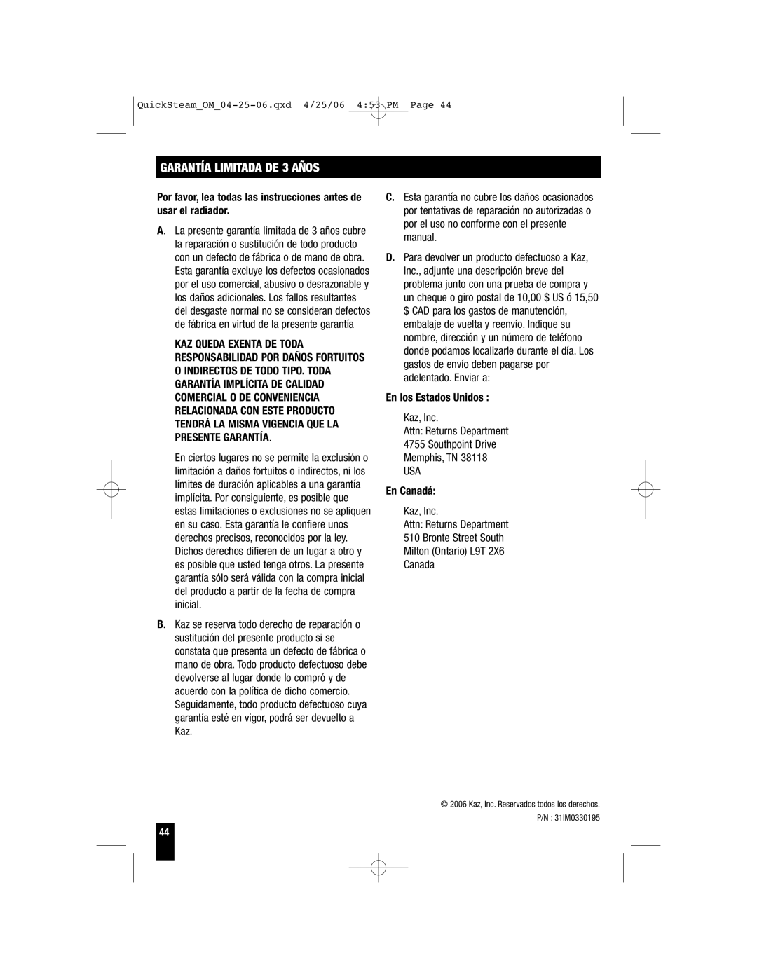 Honeywell HWM-450, HWM-335, HWM-330, HWM-331 owner manual En los Estados Unidos, En Canadá 