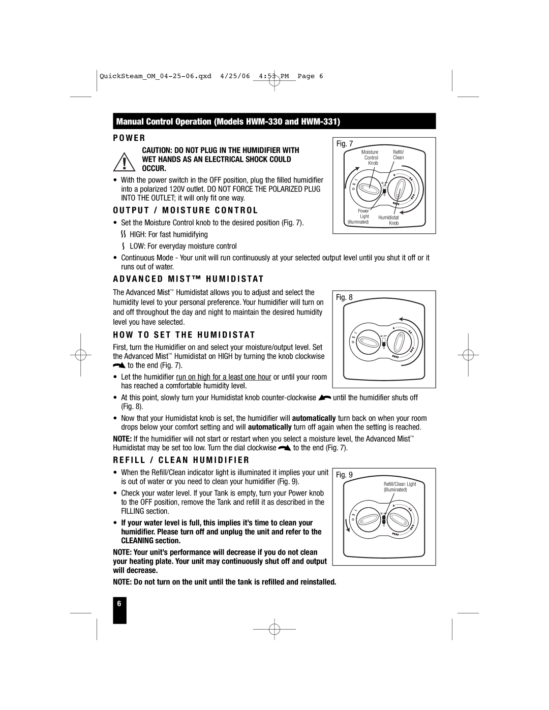 Honeywell HWM-450, HWM-335 Manual Control Operation Models HWM-330 and HWM-331, T P U T / M O I S T U R E C O N T R O L 