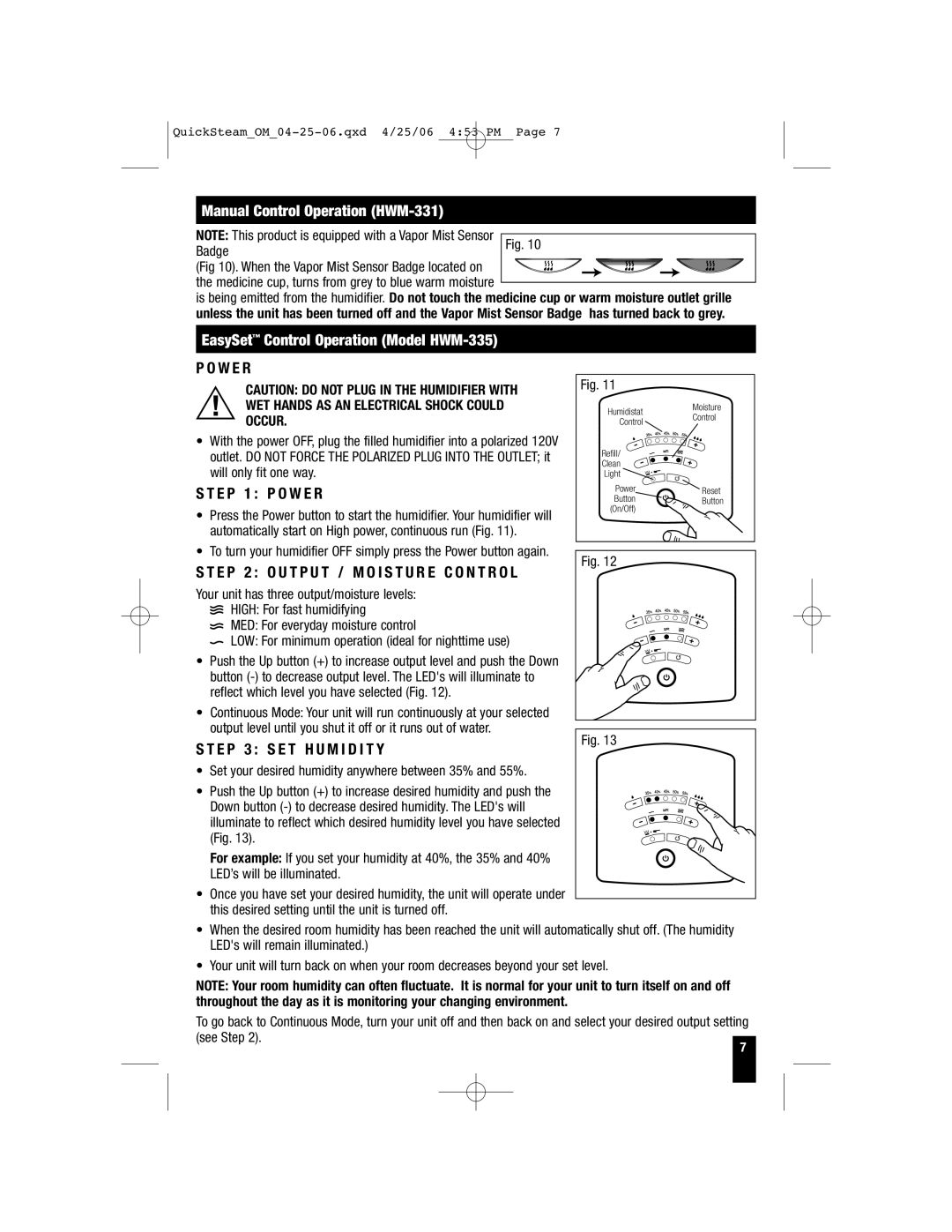 Honeywell HWM-450, HWM-330 Manual Control Operation HWM-331, EasySet Control Operation Model HWM-335, E P 1 P O W E R 