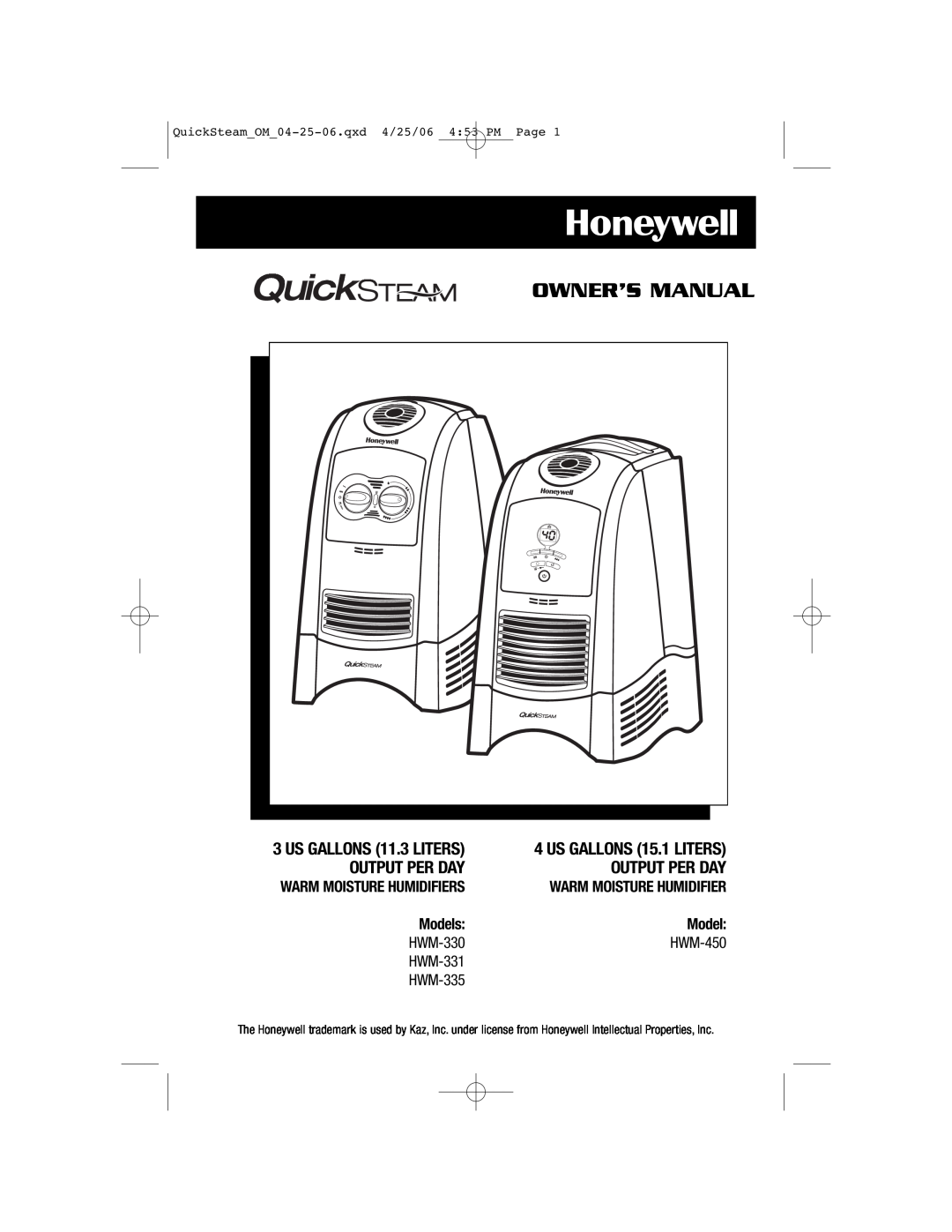 Honeywell HWM-335 owner manual Output Per Day, Models, HWM-330, HWM-450, HWM-331, Warm Moisture Humidifiers 