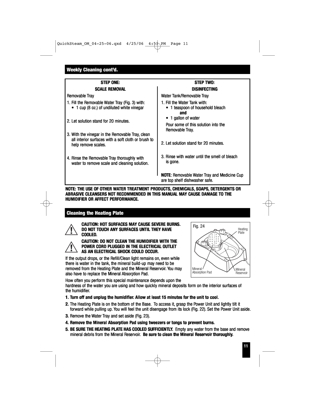 Honeywell HWM-331, HWM-450, HWM-335, HWM-330 owner manual Weekly Cleaning cont’d, Cleaning the Heating Plate 