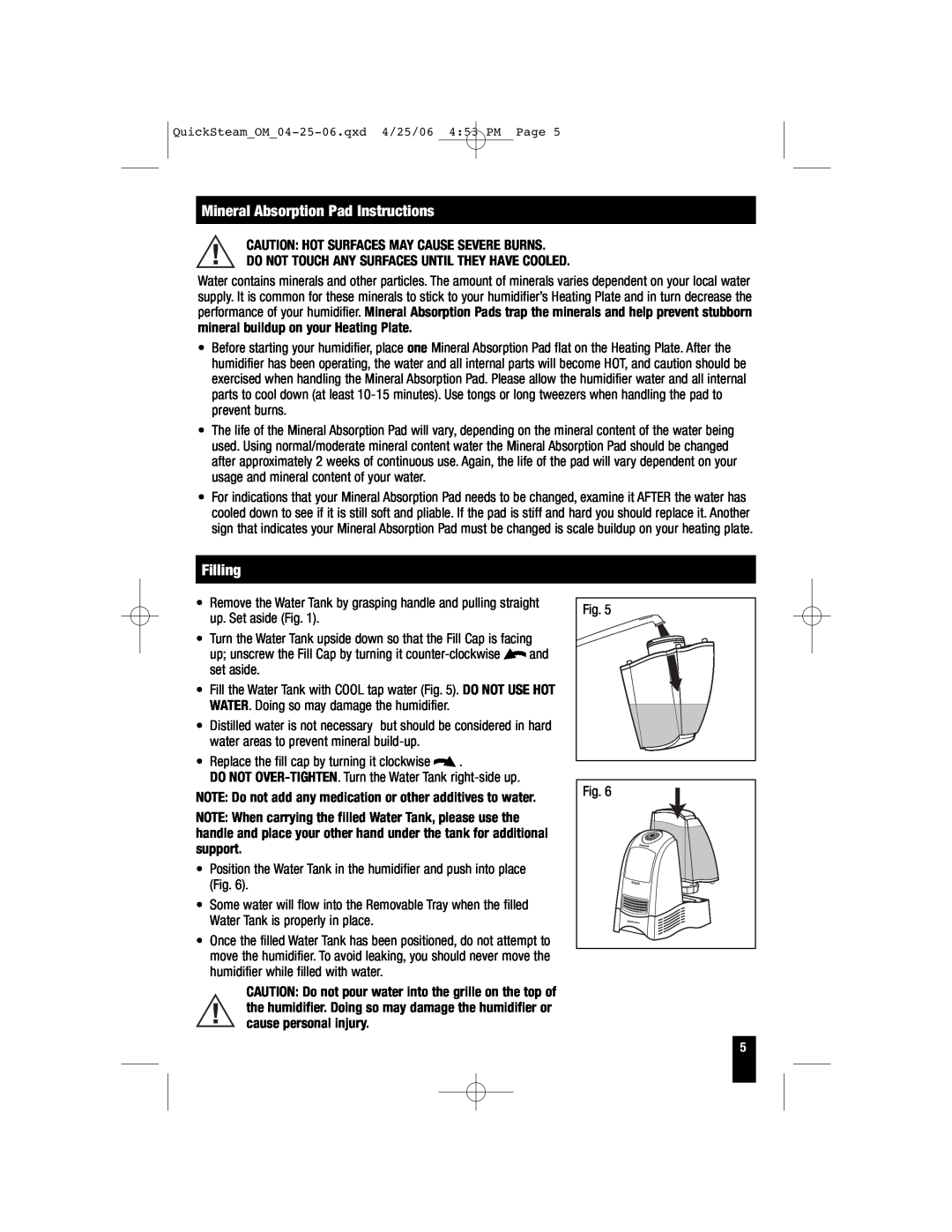 Honeywell HWM-335, HWM-450 Mineral Absorption Pad Instructions, Filling, Caution Hot Surfaces May Cause Severe Burns 