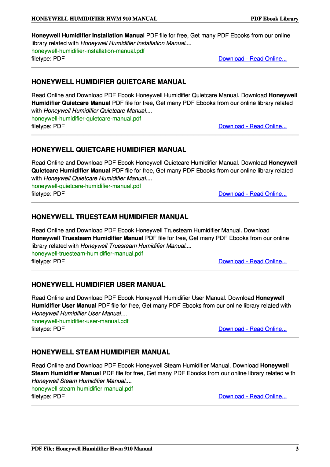 Honeywell HWM910 Honeywell Humidifier Quietcare Manual, Honeywell Quietcare Humidifier Manual, Download - Read Online 