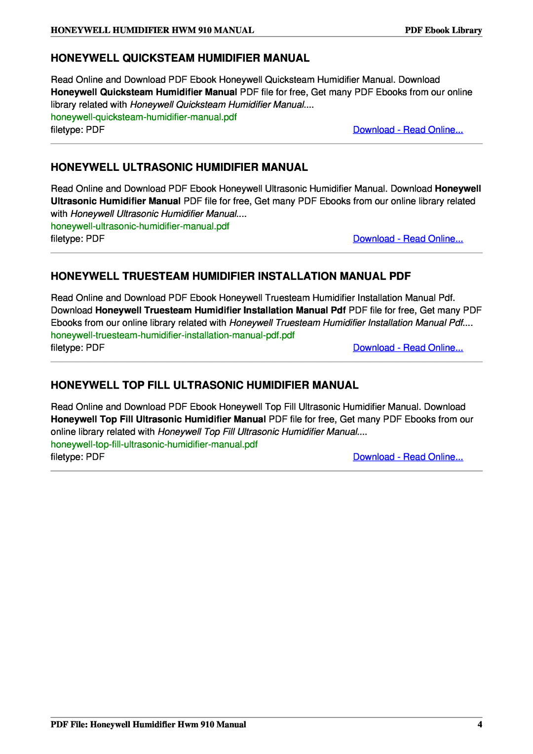 Honeywell HWM910 manual Honeywell Quicksteam Humidifier Manual, Honeywell Ultrasonic Humidifier Manual 