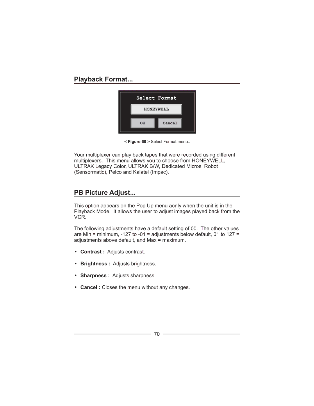 Honeywell HXMT9 / HXMT9X installation manual Playback Format, PB Picture Adjust 