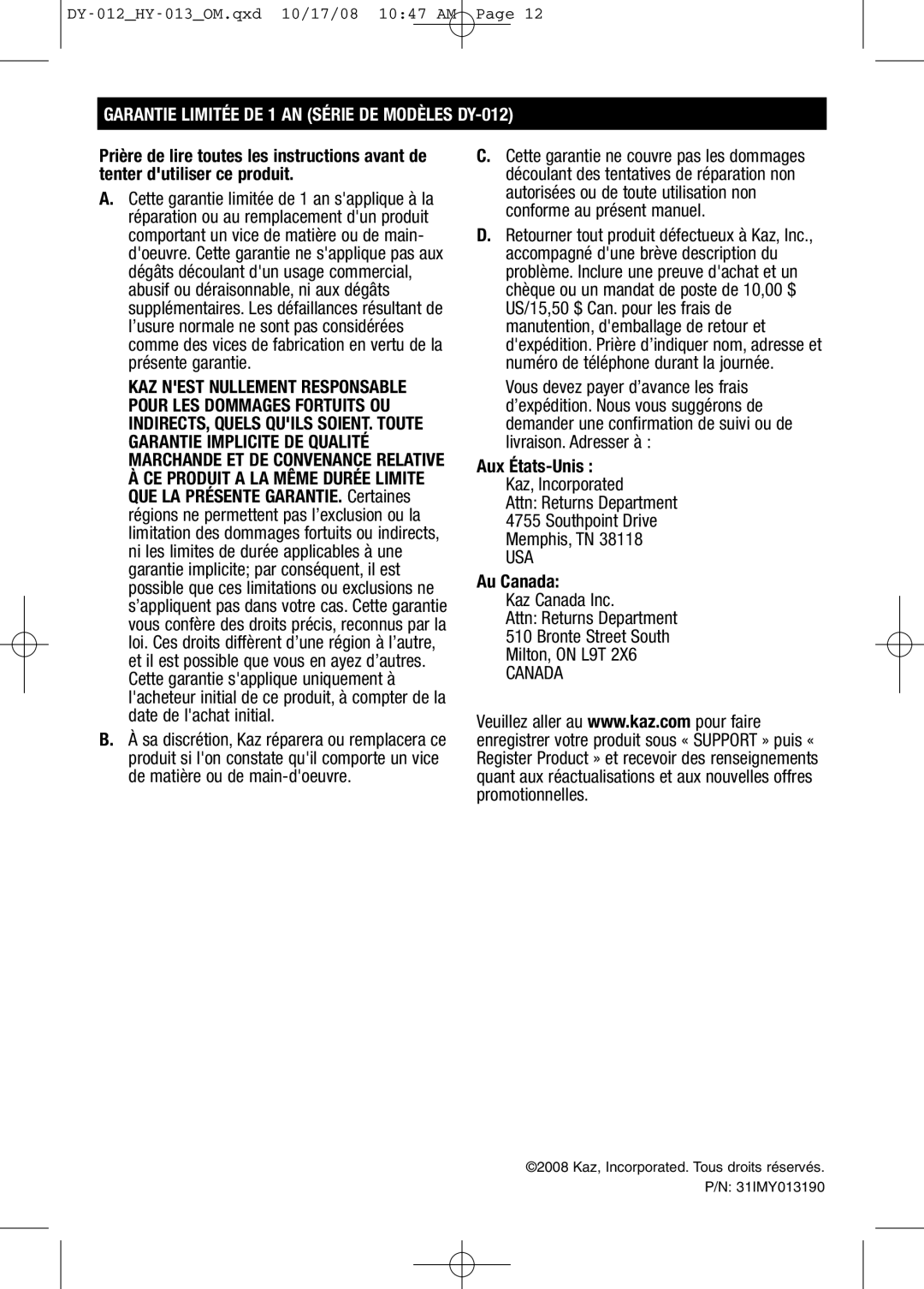 Honeywell HY013 important safety instructions Garantie Limitée DE 1 AN Série DE Modèles DY-012, Au Canada 