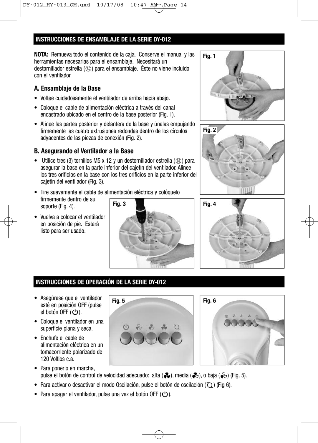 Honeywell HY013 Ensamblaje de la Base, Asegurando el Ventilador a la Base, Instrucciones DE Ensamblaje DE LA Serie DY-012 