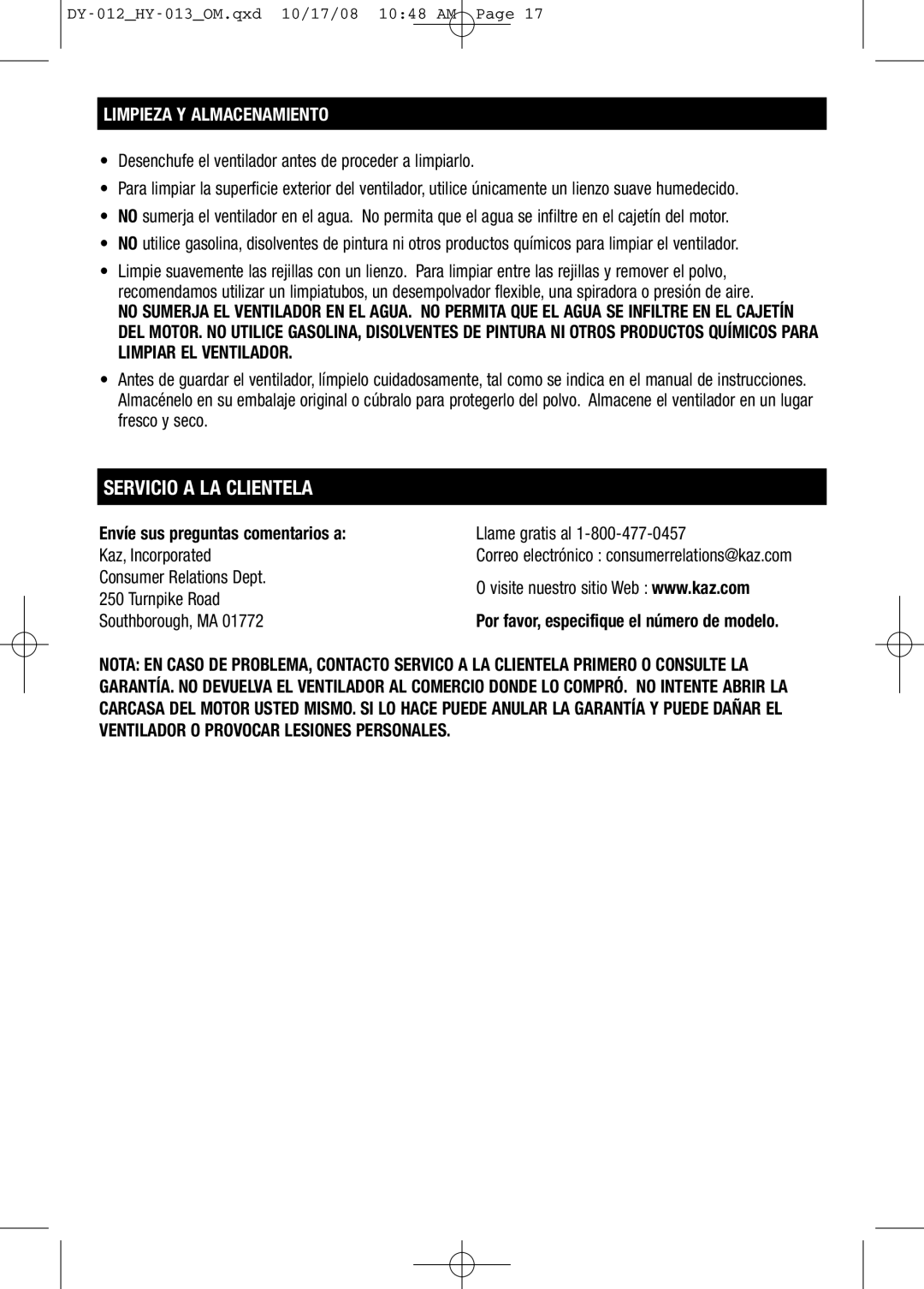 Honeywell HY013 important safety instructions Limpieza Y Almacenamiento, Por favor, especifique el número de modelo 