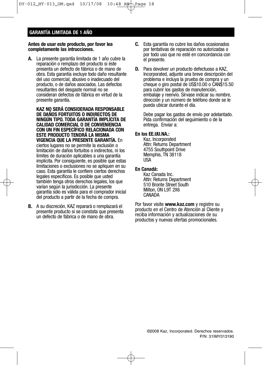 Honeywell HY013 important safety instructions Garantía Limitada DE 1 AÑO, En Canadá 