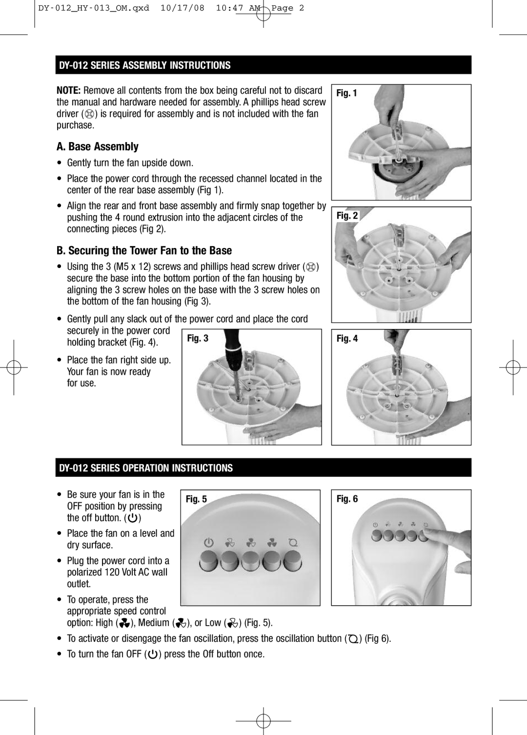 Honeywell HY013 Base Assembly, Securing the Tower Fan to the Base, DY-012 Series Assembly Instructions 