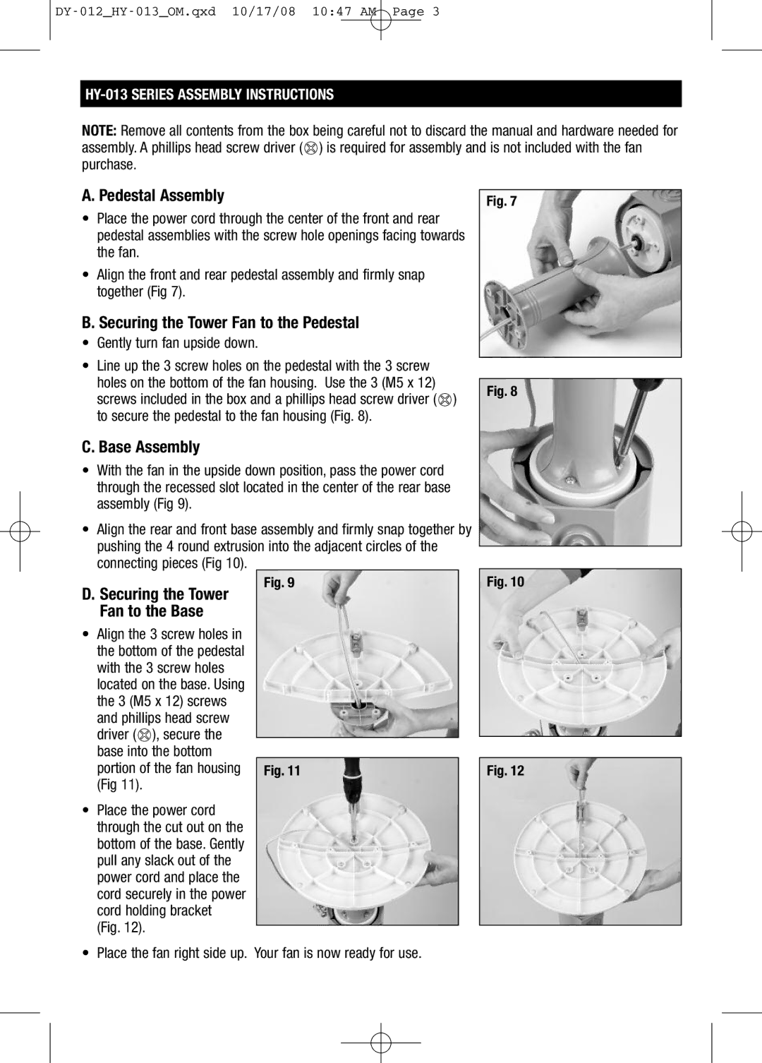 Honeywell HY013 Pedestal Assembly, Securing the Tower Fan to the Pedestal, HY-013 Series Assembly Instructions 