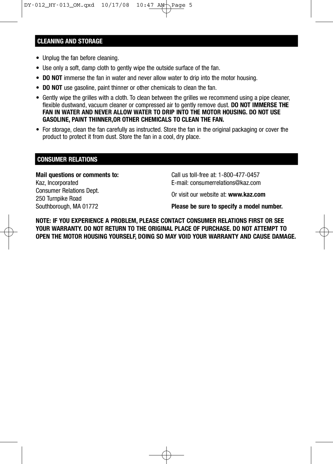 Honeywell HY013 Cleaning and Storage, Consumer Relations, Please be sure to specify a model number 