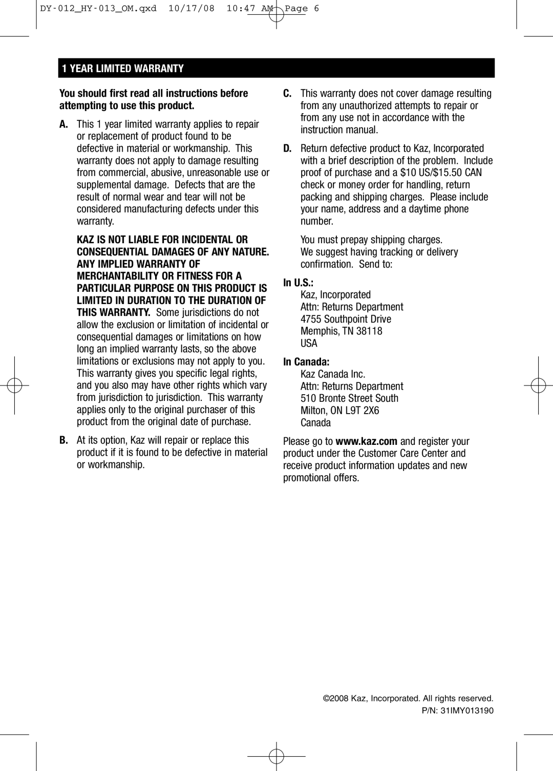 Honeywell HY013 important safety instructions Year Limited Warranty, U.S, Canada 