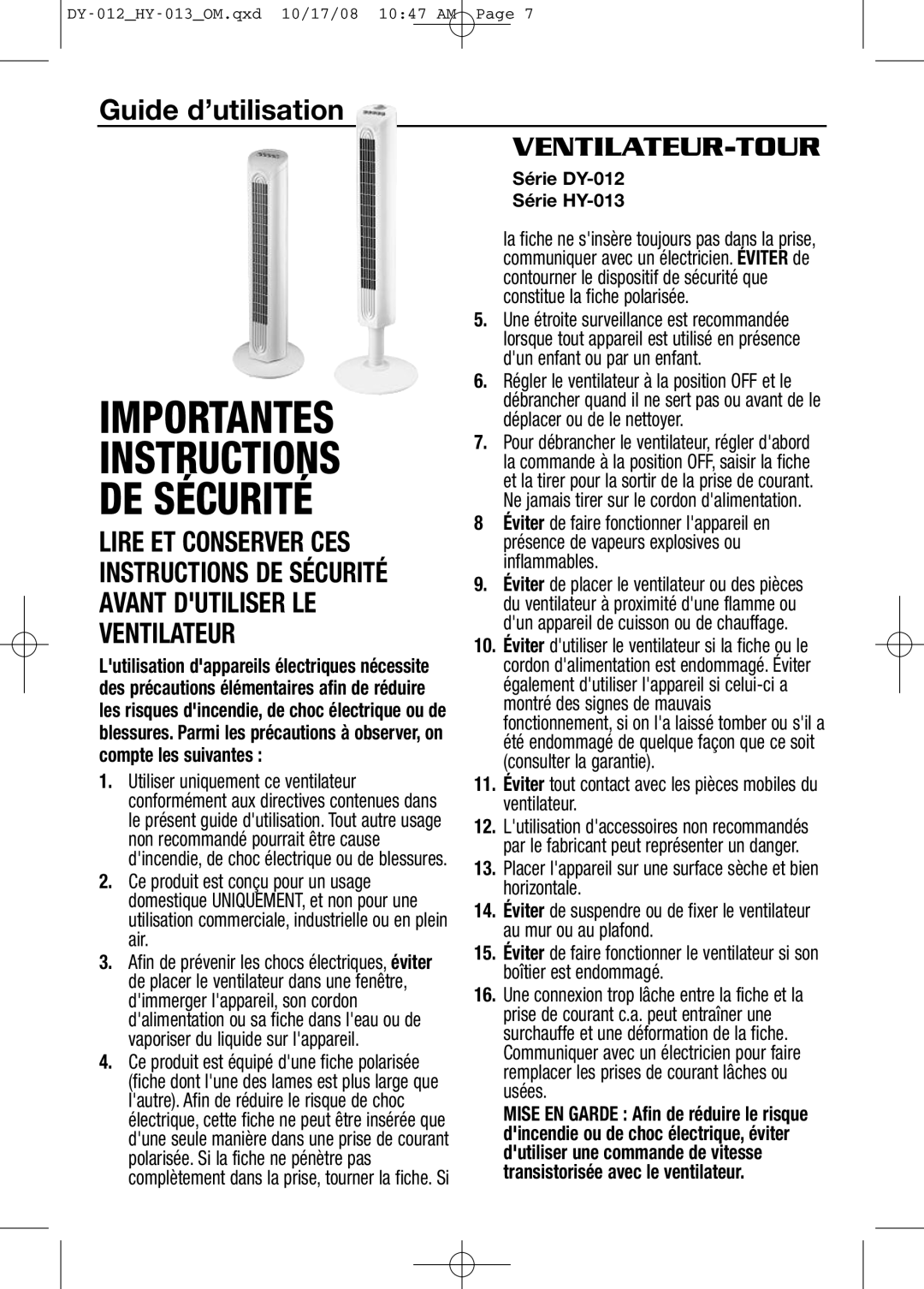 Honeywell HY013 important safety instructions Importantes Instructions DE Sécurité, Série DY-012 Série HY-013 