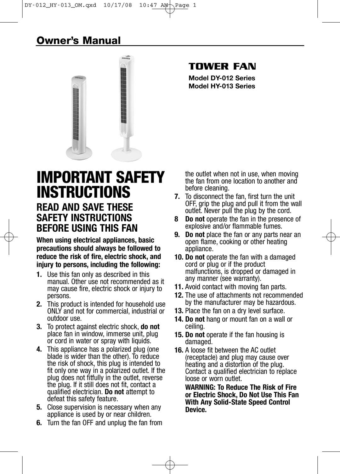 Honeywell HY013 important safety instructions Owner’s Manual, Tower Fan, Important Safety Instructions 