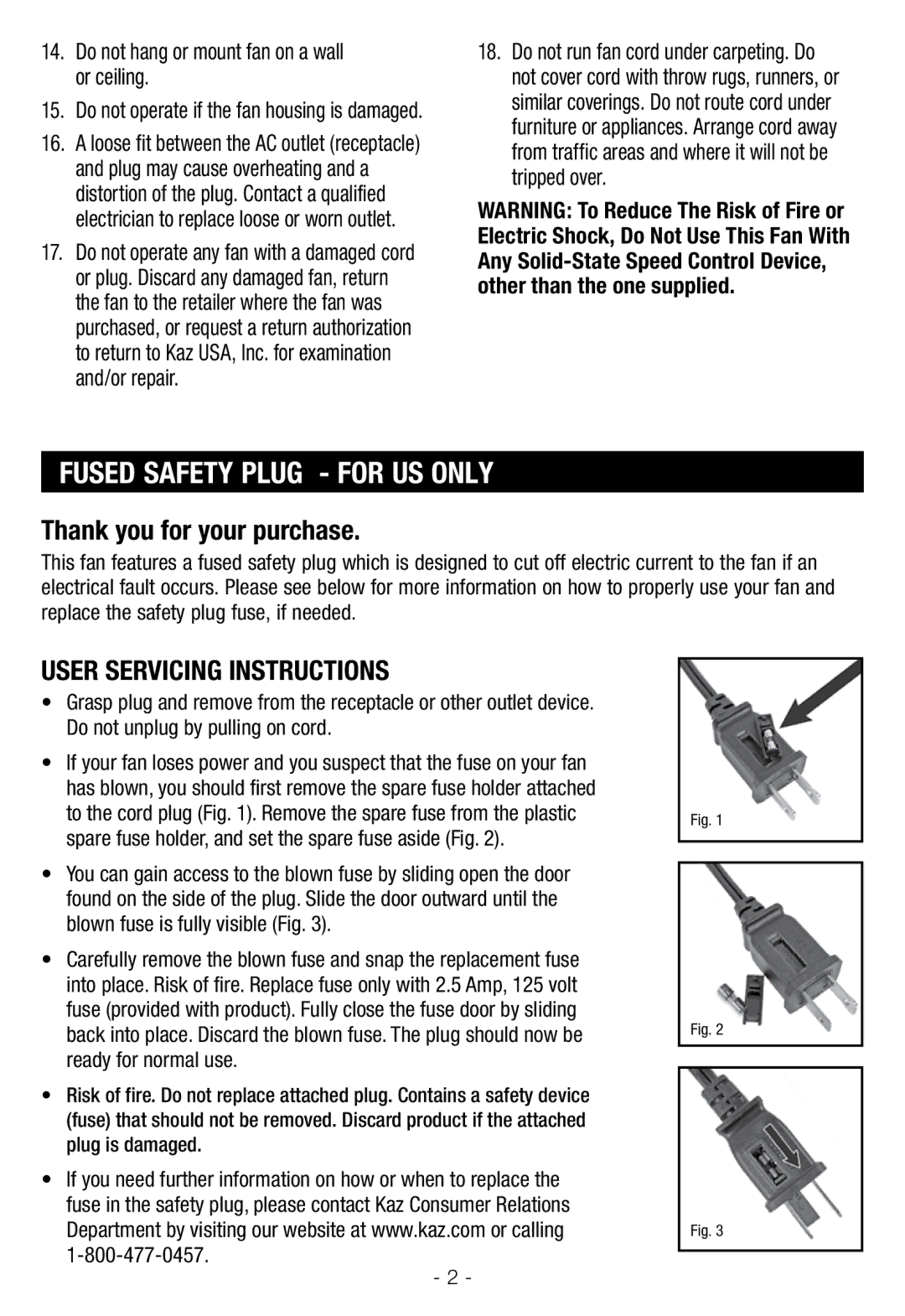 Honeywell HY204, HY201 Fused Safety Plug for US only, Thank you for your purchase, User Servicing Instructions 