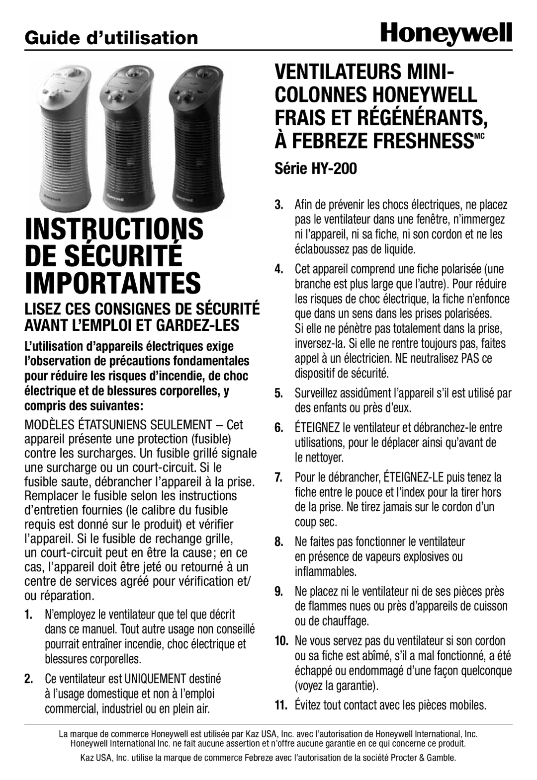 Honeywell HY201, HY204 important safety instructions Instructions DE Sécurité Importantes, Série HY-200 