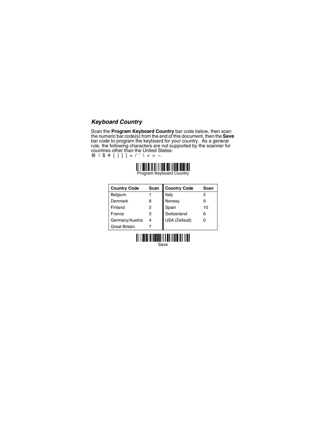 Honeywell Hyperion 1300 g quick start Keyboard Country, Country Code Scan 