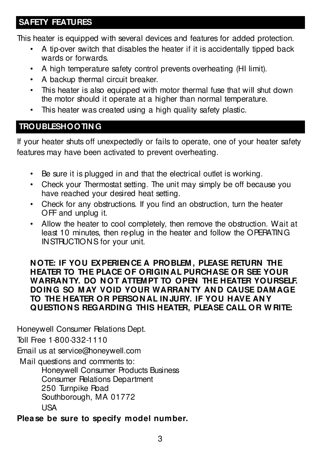 Honeywell HZ-2016 owner manual Safety Features, Troubleshooting 