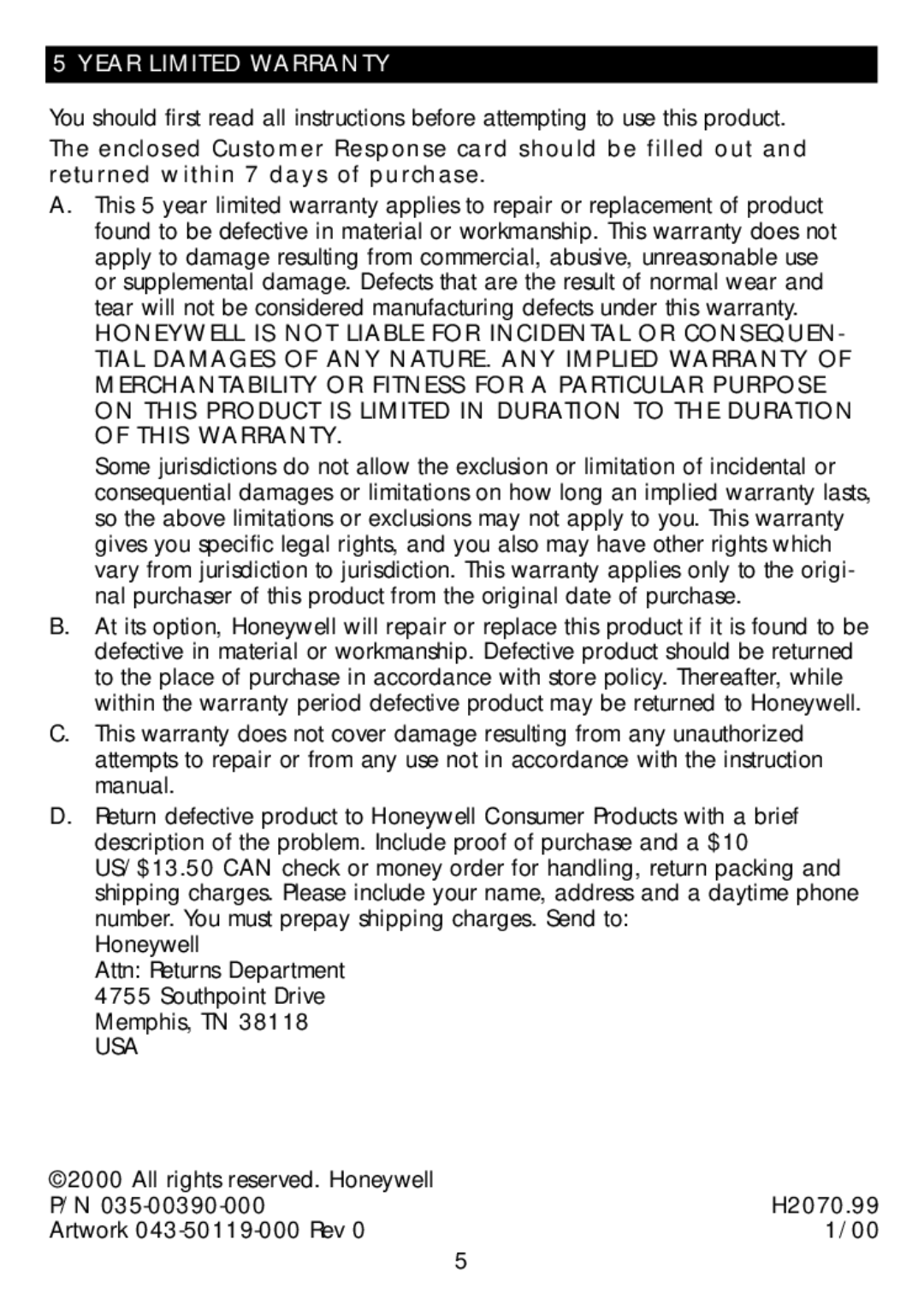 Honeywell HZ-2016 owner manual Year Limited Warranty 