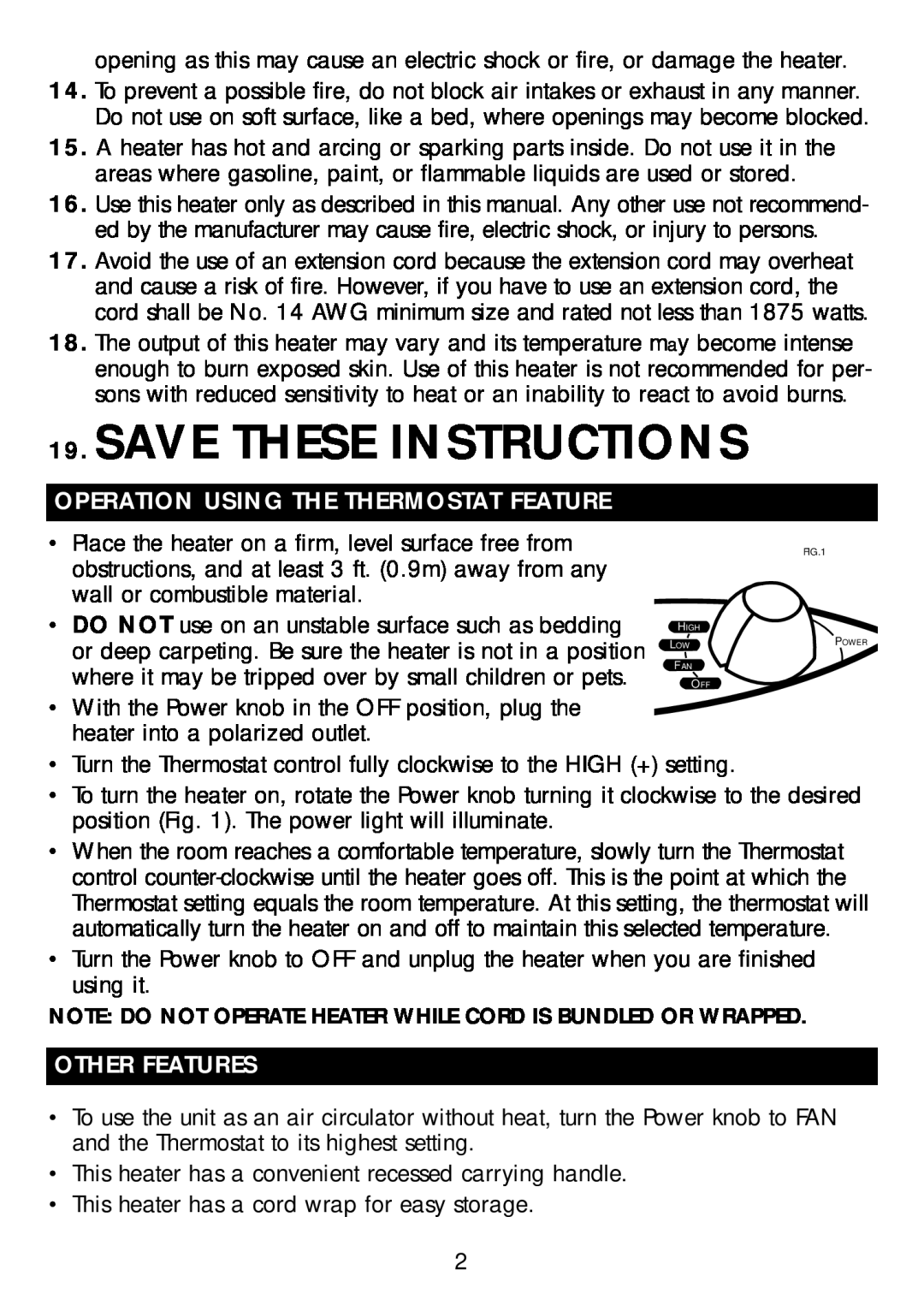 Honeywell HZ-2016 owner manual Save These Instructions, Operation Using The Thermostat Feature, Other Features 