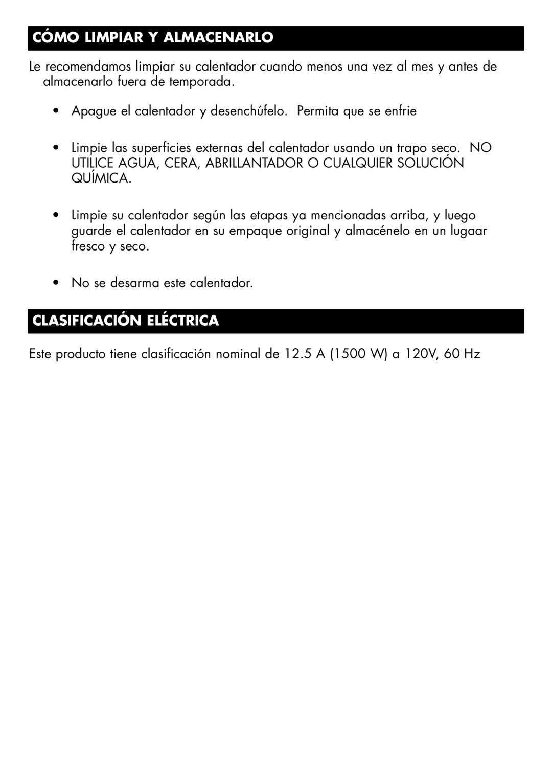 Honeywell HZ-2204, HZ-2200 owner manual Cómo Limpiar Y Almacenarlo, Clasificación Eléctrica 