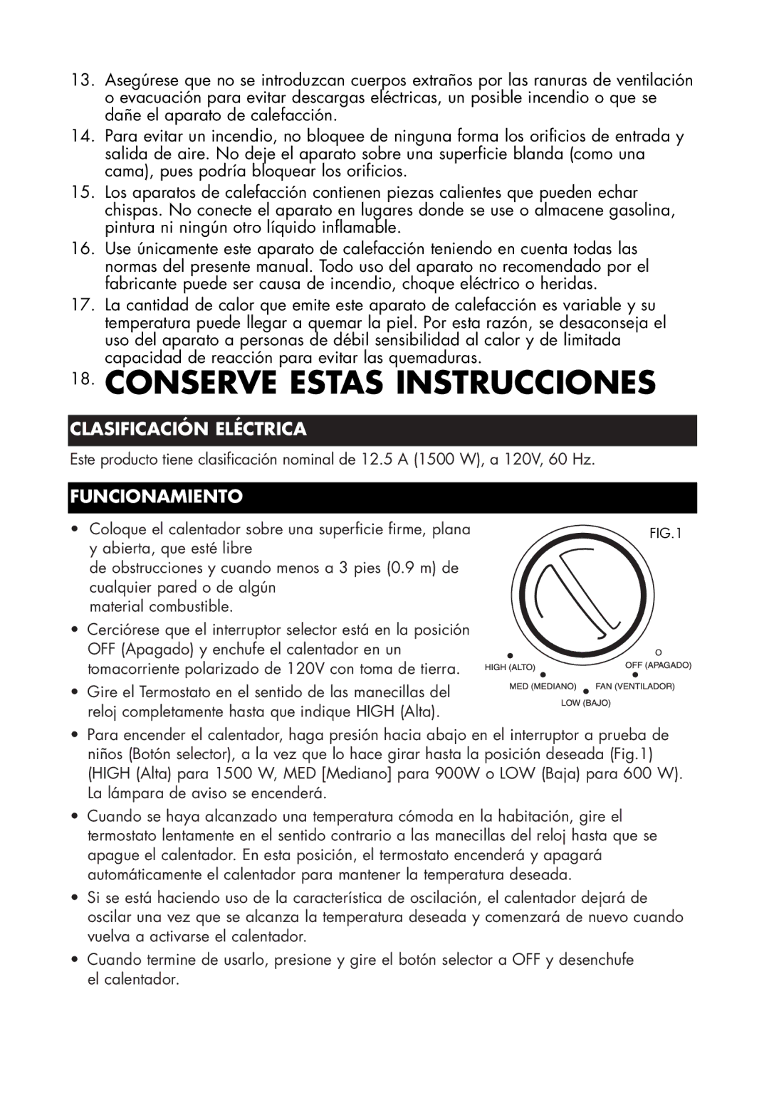 Honeywell HZ-2300 owner manual Clasificación Eléctrica, Funcionamiento 