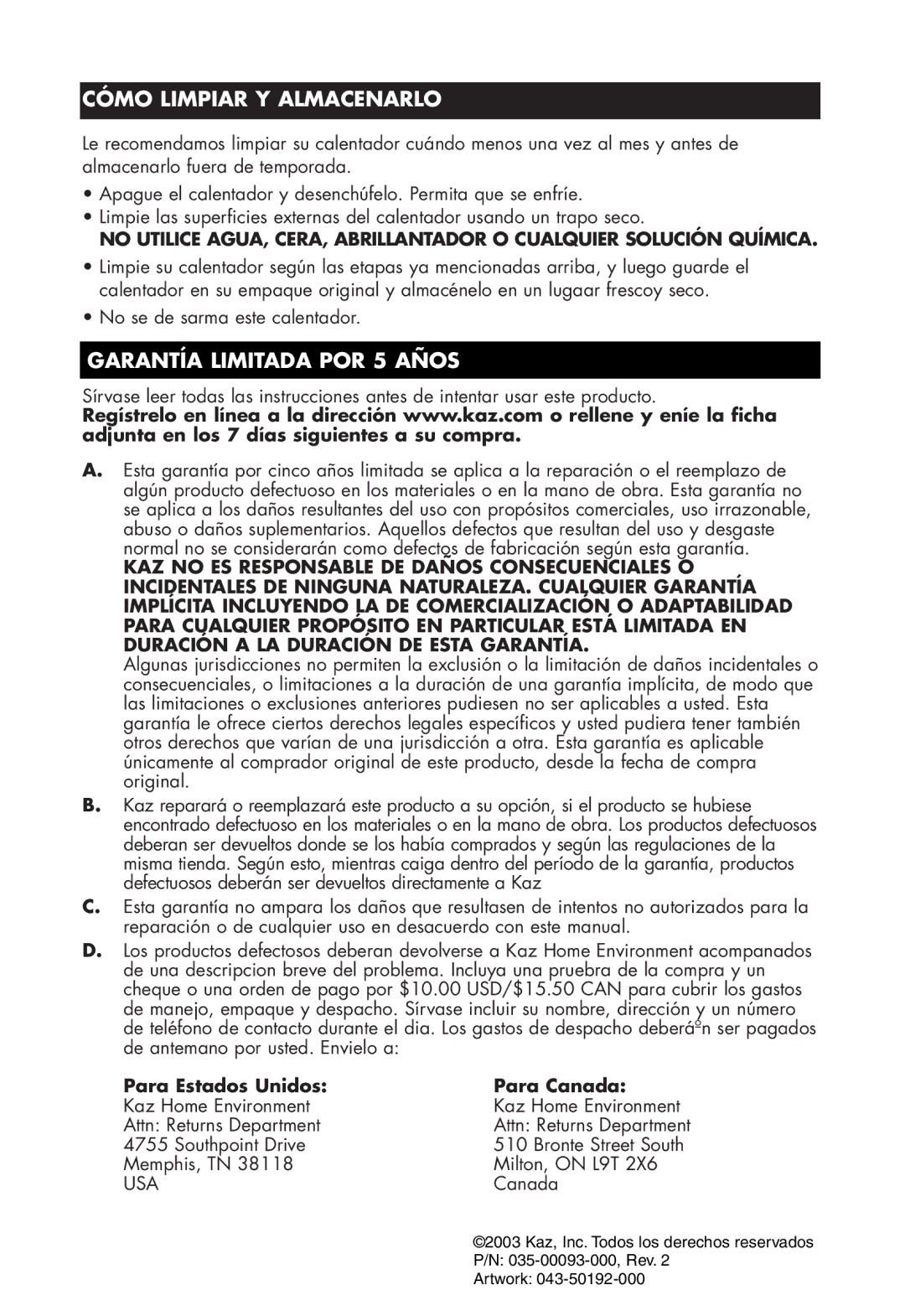 Honeywell HZ-2300 owner manual Cómo Limpiar Y Almacenarlo, Garantía Limitada POR 5 Años 