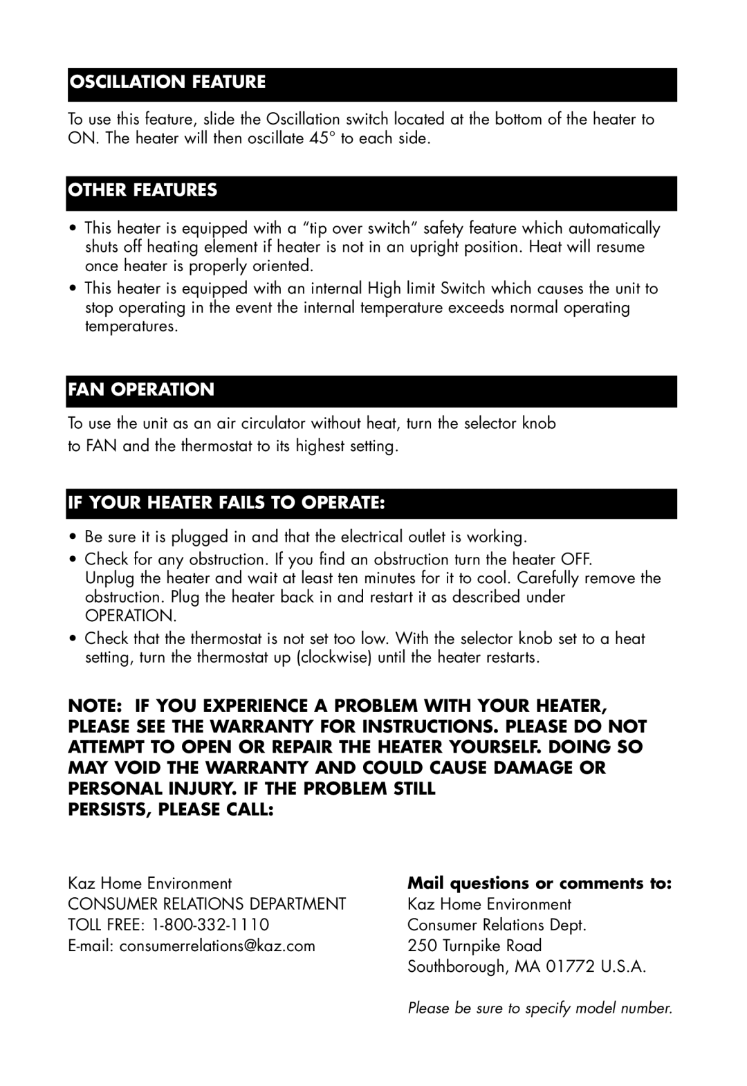 Honeywell HZ-2300 owner manual Other Features, FAN Operation, If Your Heater Fails to Operate 