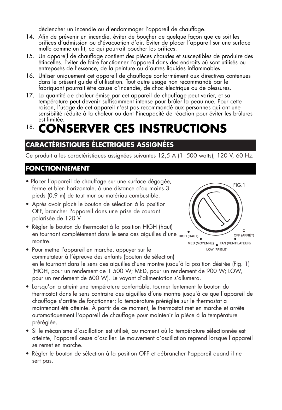 Honeywell HZ-2300 owner manual Caractéristiques Électriques Assignées, Fonctionnement 