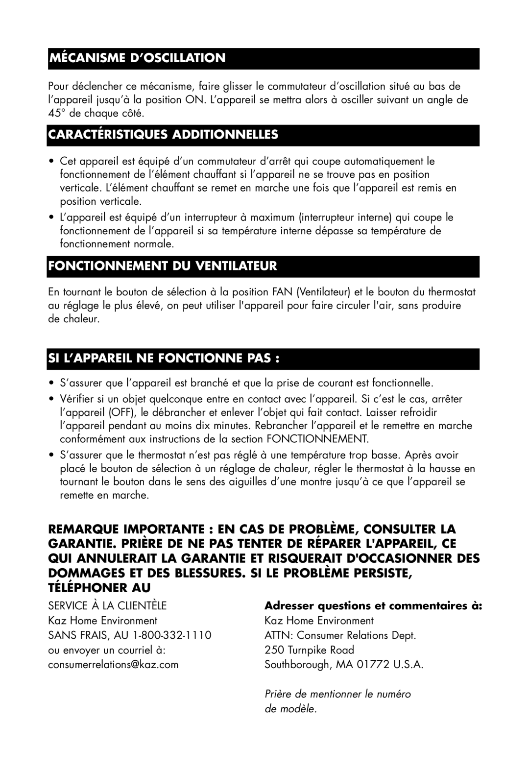 Honeywell HZ-2300 Illationmécanismefeatured’Oscillation, Caractéristiques Additionnelles, Fonctionnement DU Ventilateur 