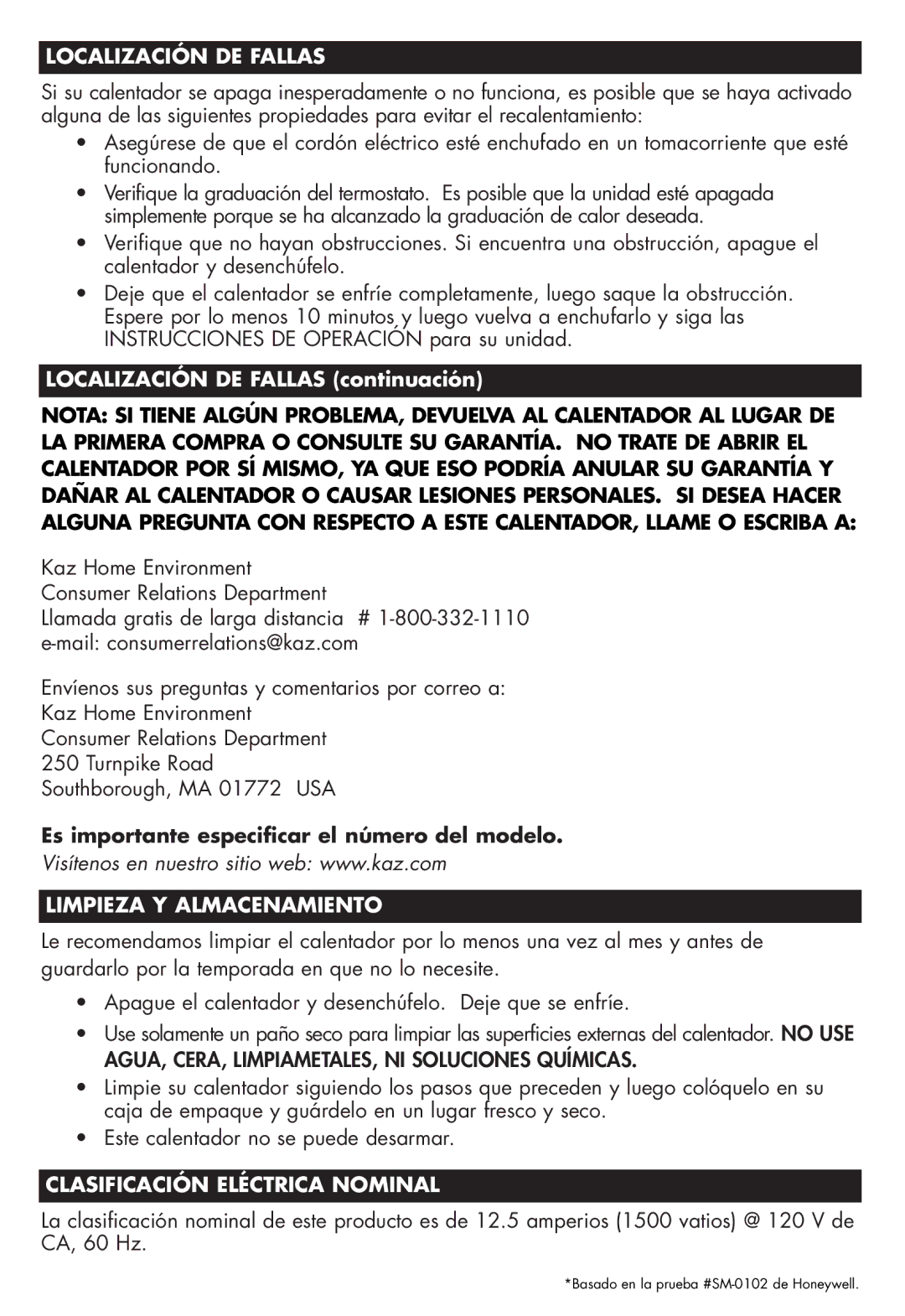 Honeywell HZ-316C, HZ-315C Localización DE Fallas, Limpieza Y Almacenamiento, Clasificación Eléctrica Nominal 