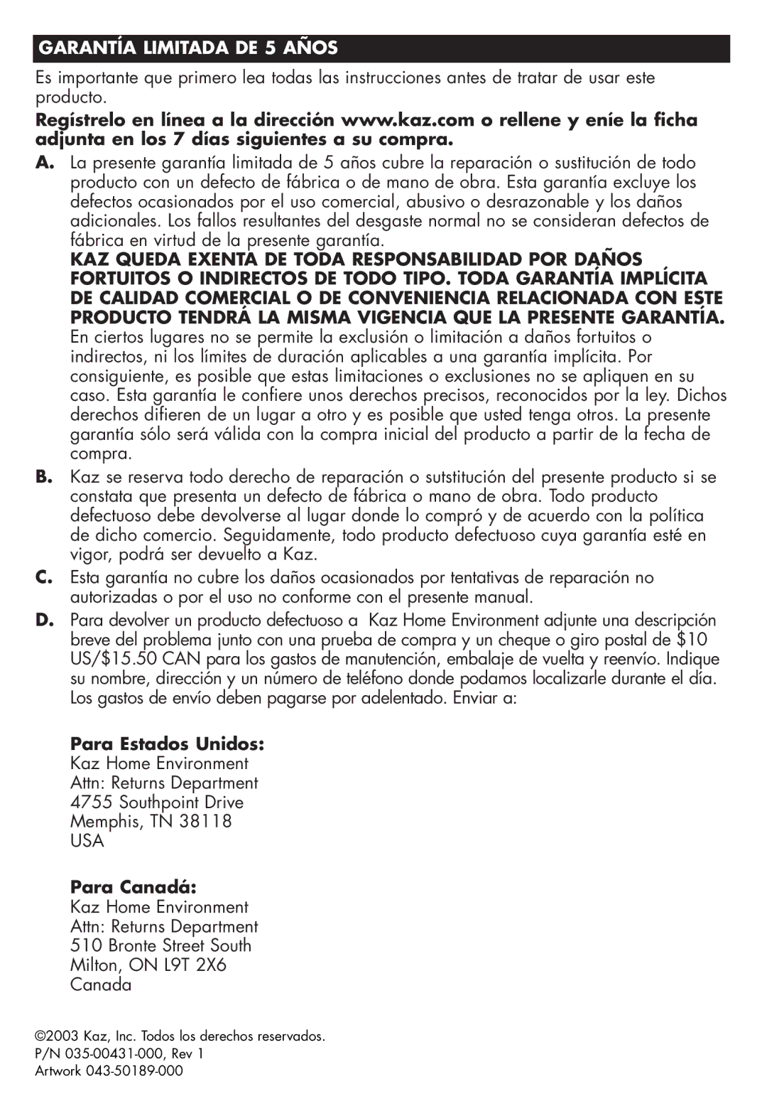 Honeywell HZ-315C, HZ-316C owner manual Garantía Limitada DE 5 Años 