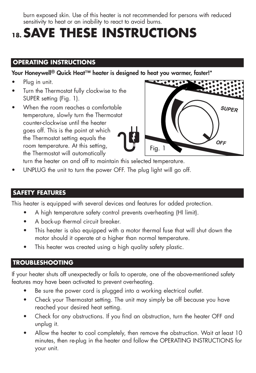 Honeywell HZ-315C, HZ-316C owner manual Operating Instructions, Safety Features, Troubleshooting 